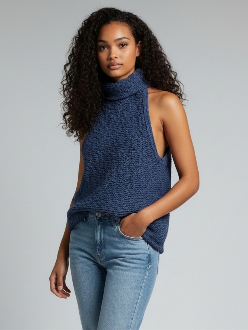 Pilcro For Anthropologie Navy Blue Knit Rollneck Sleeveless Sweater XS